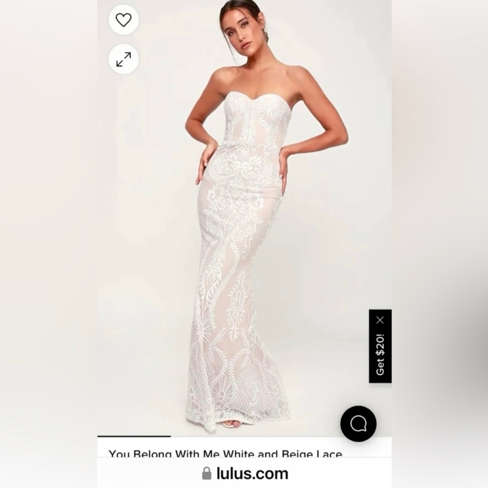 Lulu's Ivory and Tan Strapless Lace Gown